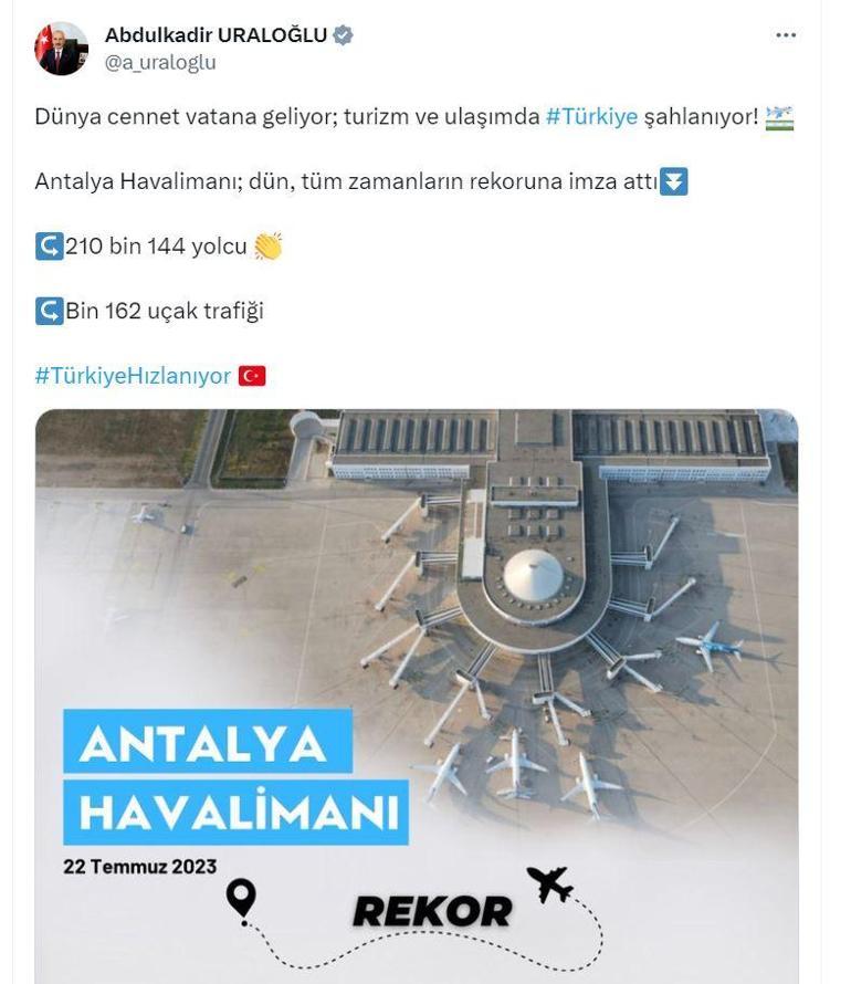 Bakan Uraloğlu: Antalya Havalimanında tüm zamanların rekoru kırıldı