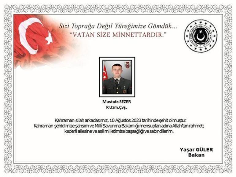 MSB acı haberi duyurdu Uzman Çavuş Mustafa Sezer şehit oldu