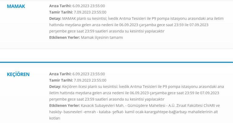 Ankarada su kesintisi yaşanan yerler 7 Eylül 2023 Ankarada sular ne zaman gelecek