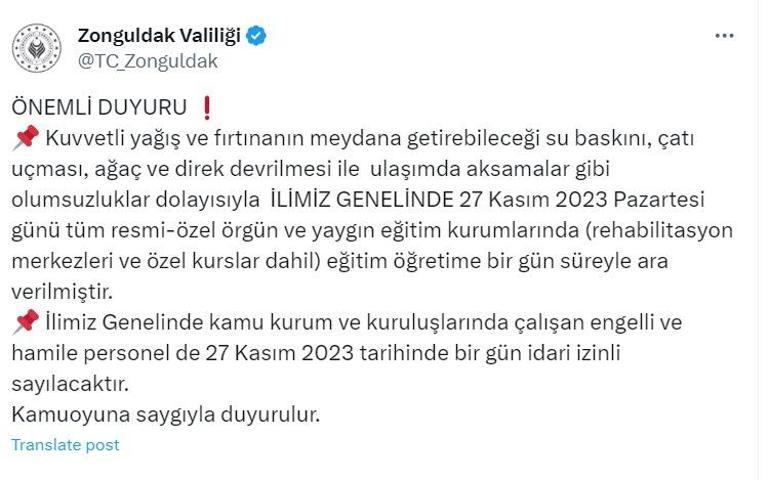 Son dakika haberi: Valilik kararı duyurdu Zonguldakta okullar tatil edildi