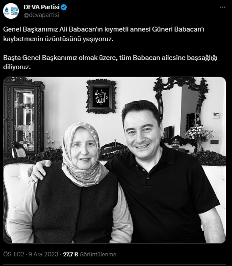 Ali Babacanın annesi Güneri Babacan hayatını kaybetti