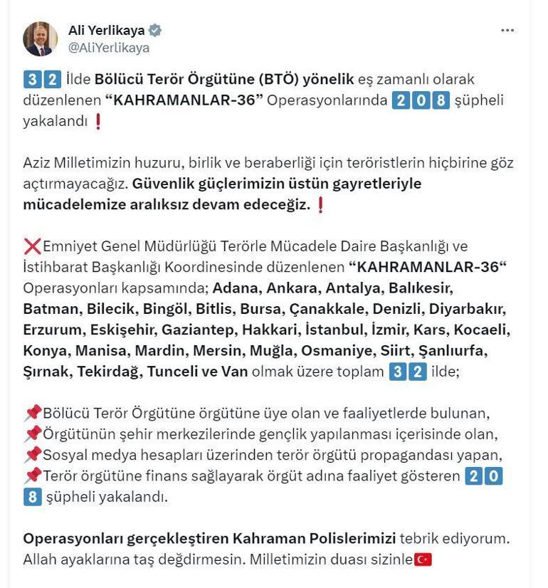 32 ilde terör örgütüne operasyon... Bakan Yerlikaya: 208 şüpheli yakalandı