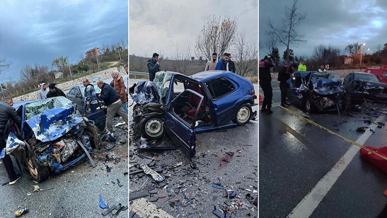 Düzcede iki otomobilin kafa kafaya çarpıştığı kaza anı kamerada