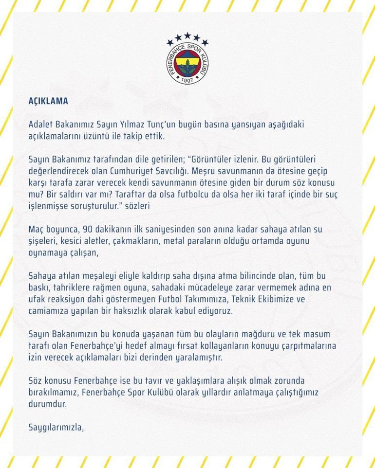 Fenerbahçeden, Bakan Tunçun o sözlerine açıklama geldi