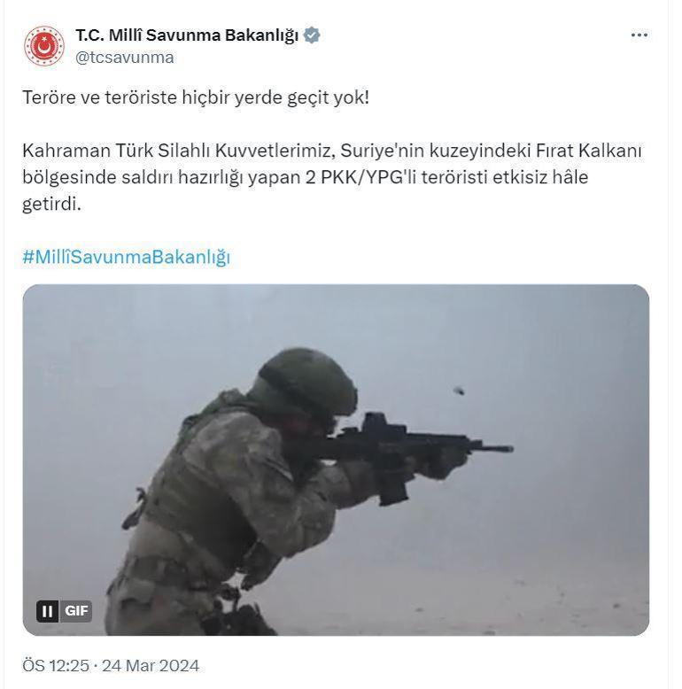 MSB: Fırat Kalkanı bölgesinde 2 PKK/YPGli terörist etkisiz