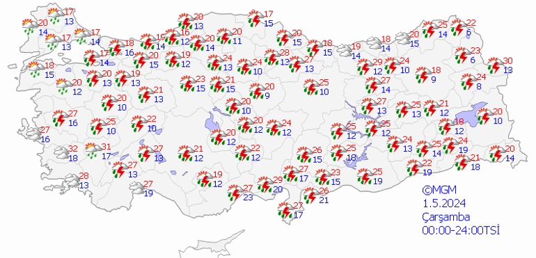 Kuvvetli yağışlar 28 ilde devam ediyor 1 Mayıs (Ankara, İstanbul, İzmir) hava durumu