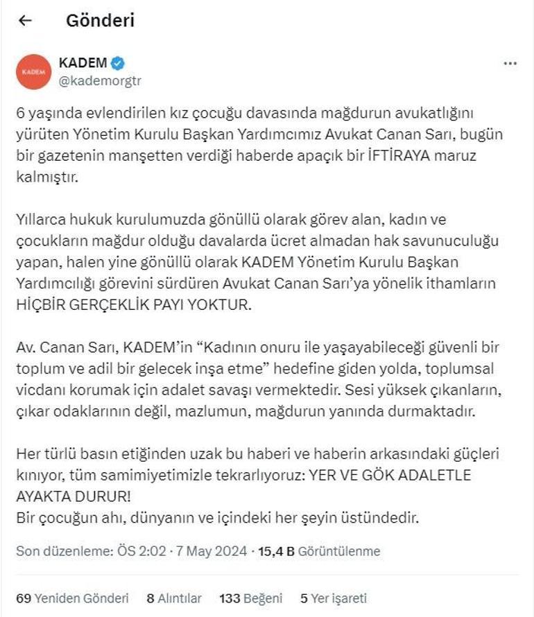 KADEMden Avukat Canan Sarıyla ilgili açıklama: Apaçık bir iftira ve gerçeklik payı yok