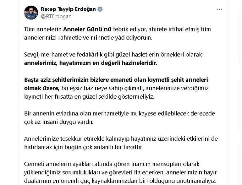 Cumhurbaşkanı Erdoğandan Anneler Günü mesajı