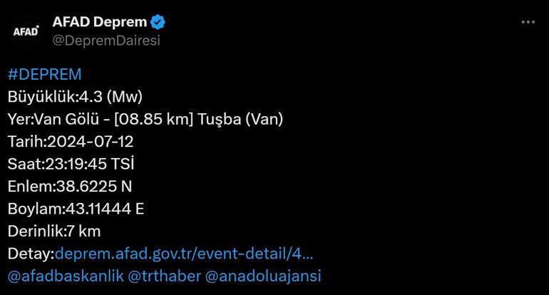 SON DEPREMLER LİSTESİ 12 TEMMUZ 2024: Vanda deprem mi oldu, kaç şiddetinde AFAD ile Kandilli Rasathanesi açıkladı, Van 4.3 ile sallandı