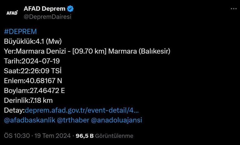 SON DAKİKA DEPREM: Az önce deprem nerede oldu, kaç şiddetinde Tekirdağ, Balıkesir ve İstanbulda hissedildi