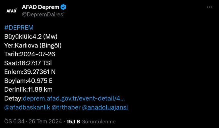 BİNGÖLDE DEPREM 26 TEMMUZ 2024: Bingölde deprem mi oldu, nerede, kaç şiddetinde Muş, Erzurum, Malatya ve Elazığdan da hissedildi