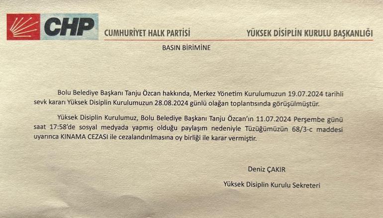 Son dakika haberi: CHPden Tanju Özcana kınama cezası