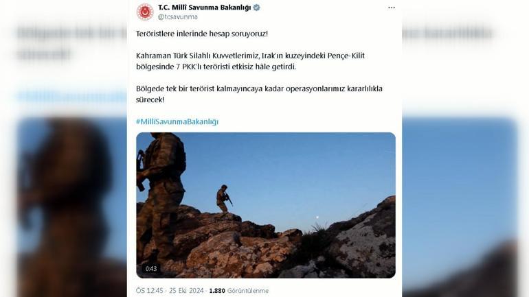 MSB: Pençe-Kilit bölgesinde 7 PKKlı terörist etkisiz