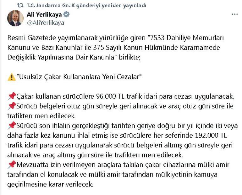 Bakan Yerlikaya: Usulsüz çakar kullananlara 96 bin lira ceza uygulanacak