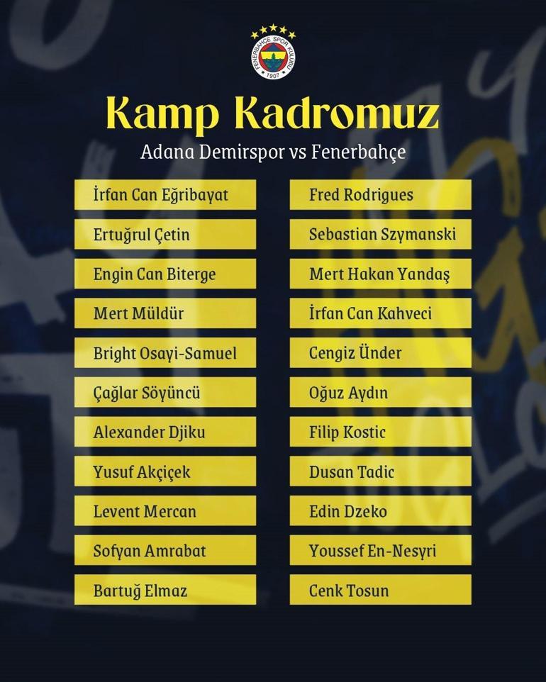 Fenerbahçenin, Adana Demirspor maçı kadrosu belli oldu 6 eksik var...