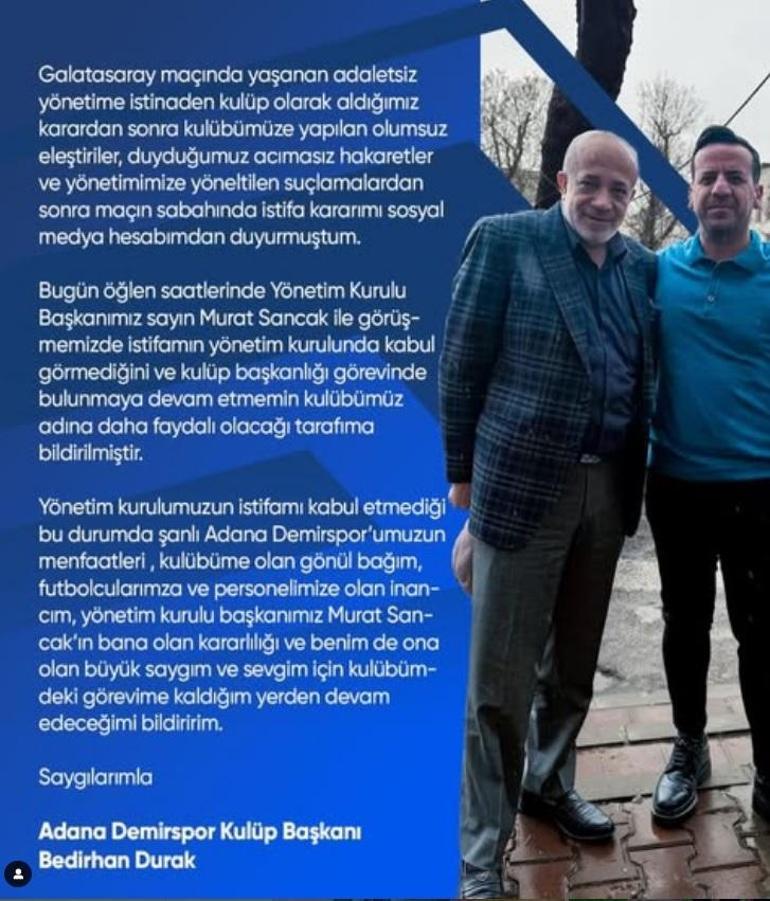 Adana Demirspor Başkanı Bedirhan Durakın istifası kabul edilmedi