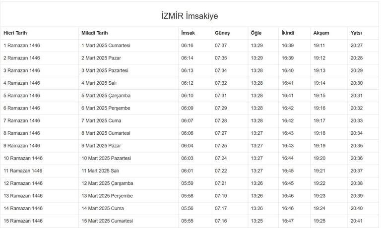 İZMİR İMSAKİYE 2025: İmsak Vakti ve Ramazan Takvimi | İzmirde Sahur saat kaçta, Oruç ne zaman başlıyor