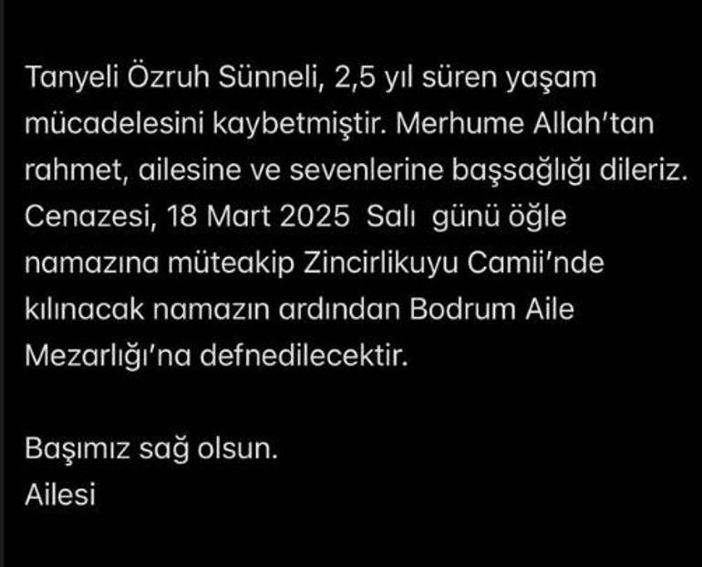 Cenaze töreniyle ilgili açıklama: Tanyeli HAYATINI KAYBETTİ 2.5 yıldır pankreas kanseri tedavisi görüyordu