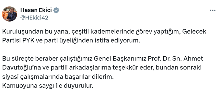Hasan Ekici, Gelecek Partisinden istifa etti