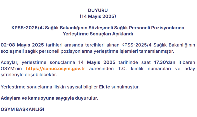SON DAKİKA | ÖSYM, Sağlık Bakanlığı sözleşmeli sağlık personeli sonuçlarını açıkladı