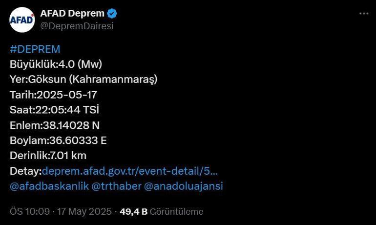 Son dakika Kahramanmaraşta deprem mi oldu, nerede, kaç şiddetinde 17 Mayıs 2025 Kahramanmaraş depremi Kandilli ve AFAD açıklaması