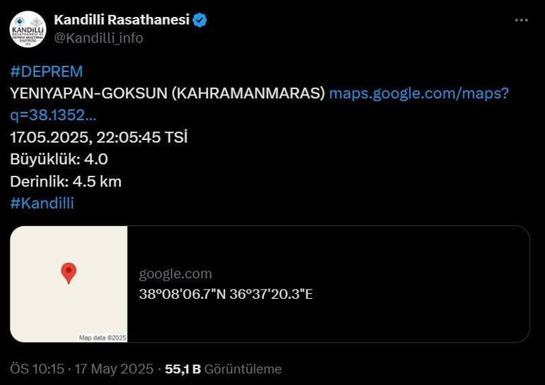 Son dakika Kahramanmaraşta deprem mi oldu, nerede, kaç şiddetinde 17 Mayıs 2025 Kahramanmaraş depremi Kandilli ve AFAD açıklaması