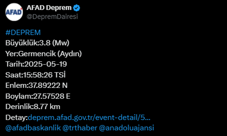 SON DAKİKA HABERİ... Aydında 3,8 büyüklüğünde deprem