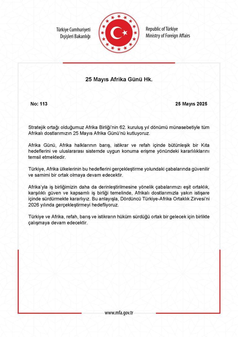 Dışişleri Bakanlığı: Afrikalı dostlarımızın Afrika Günü’nü kutluyoruz