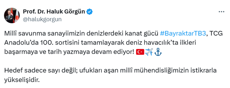 Bayraktar TB3, TCG Anadoludaki 100. sortisini başarıyla tamamladı
