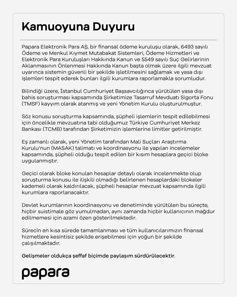 Papara: Hesaplardaki blokeler kademeli olarak kaldırılacak