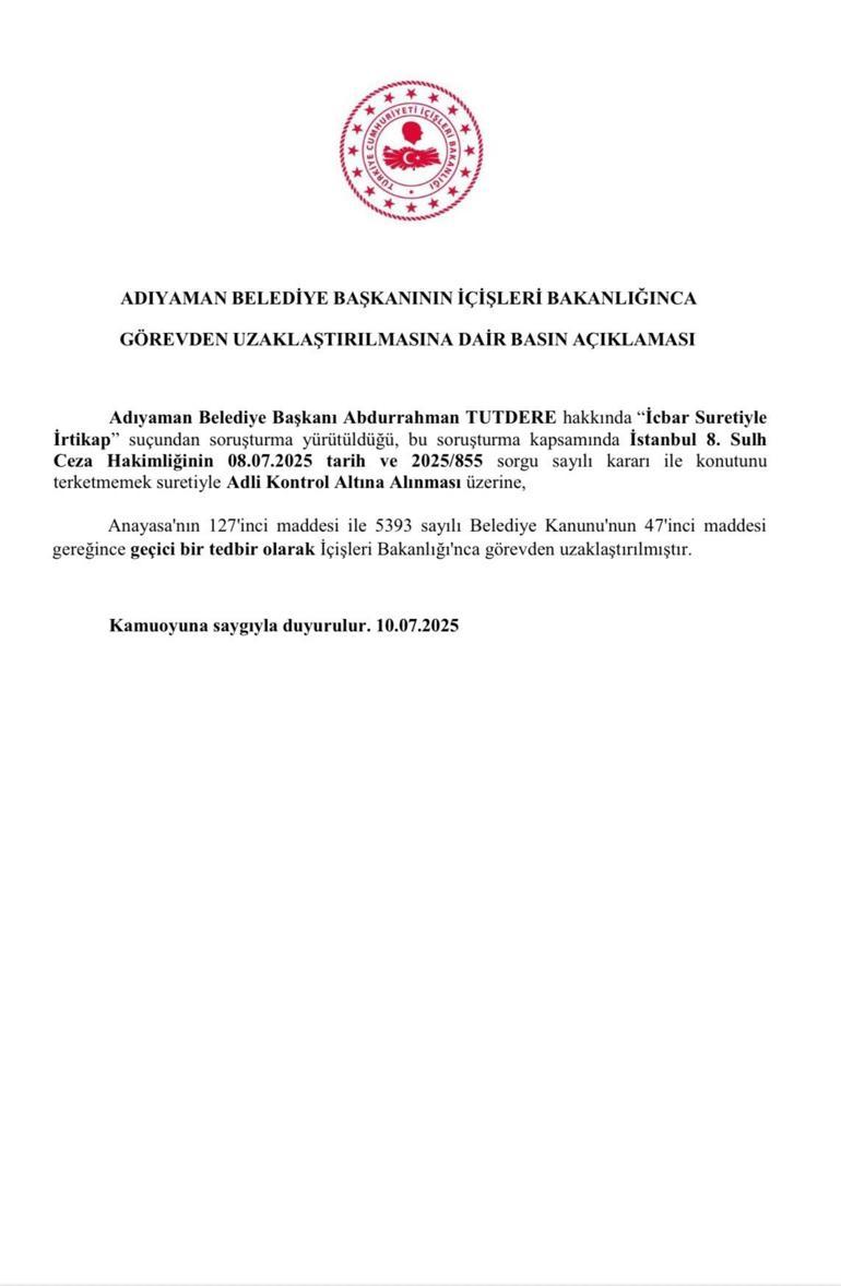 Adıyaman Belediye Başkanı Abdurrahman Tutdere görevden uzaklaştırıldı