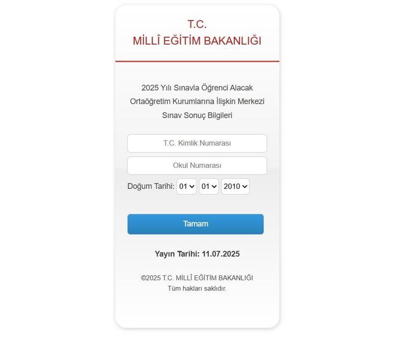 LGS SINAV SONUÇLARI 2025 SONUC.MEB.GOV.TR LGS sonuç sorgulama ekranı e-okuldan T.C no ile puanını öğren