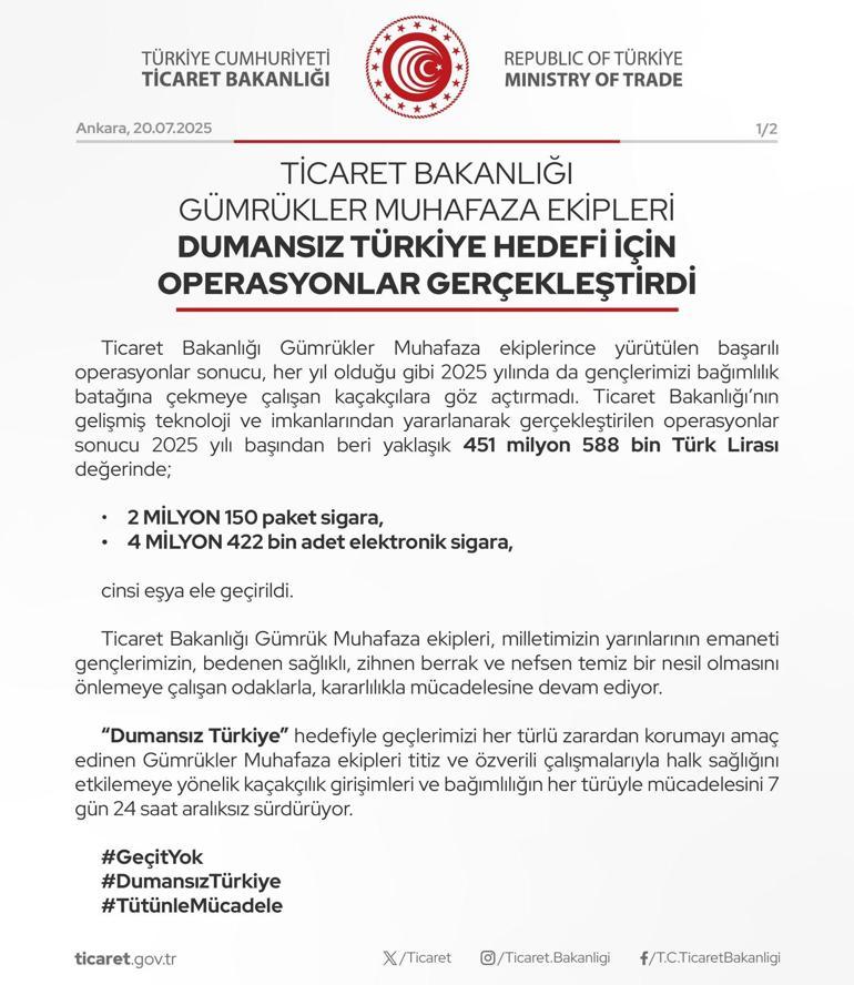 Hedef dumansız Türkiye: 2 milyon 150 paket sigara ile 4 milyon 422 bin elektronik sigara ele geçirildi