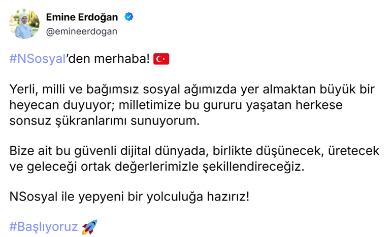 Emine Erdoğan, NSosyalden ilk paylaşımını yaptı