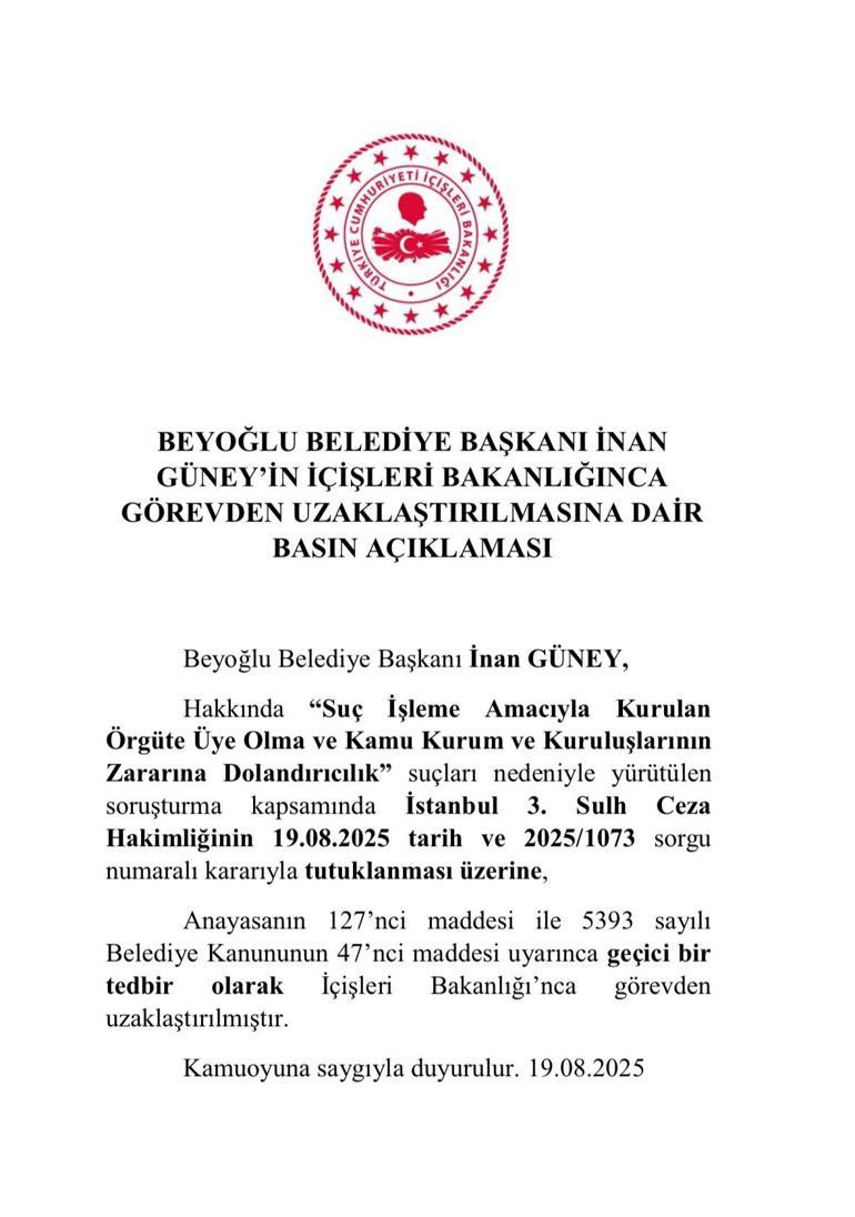 SON DAKİKA | Beyoğlu Belediye Başkanı İnan Güney görevden uzaklaştırıldı