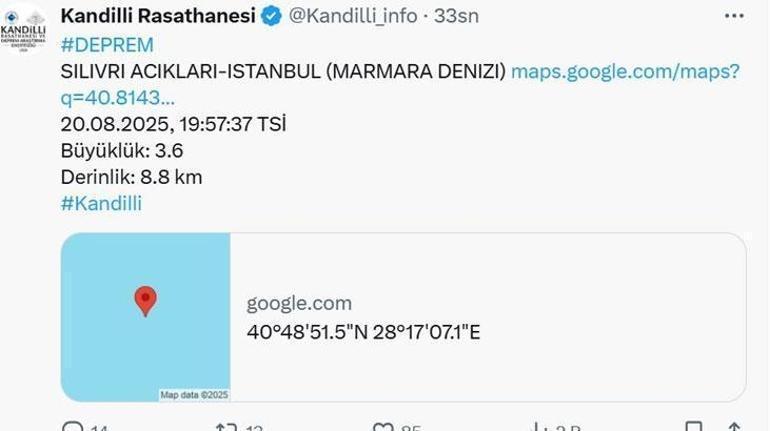 SON DAKİKA İstanbulda 3.6 büyüklüğünde deprem