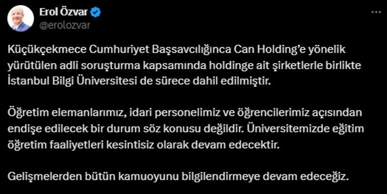 SON DAKİKA... Can Holding operasyonu YÖKten Bilgi Üniversitesi açıklaması