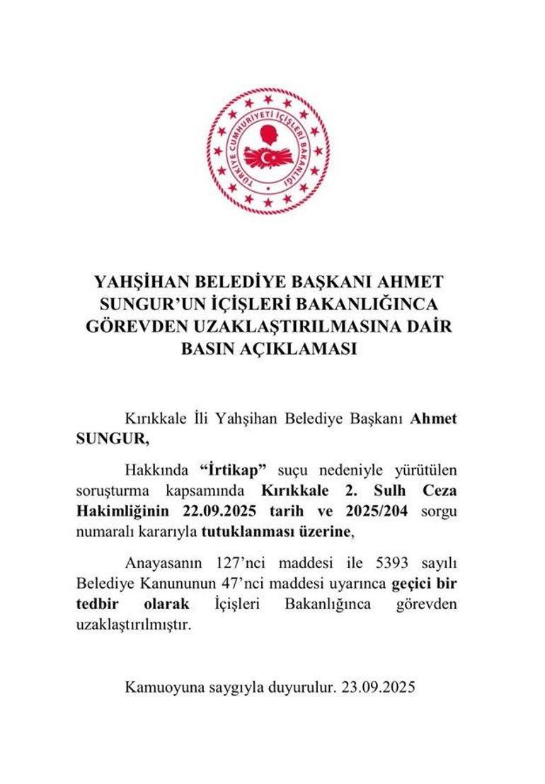 SON DAKİKA... Yahşihan Belediye Başkanı Sungur görevden uzaklaştırıldı
