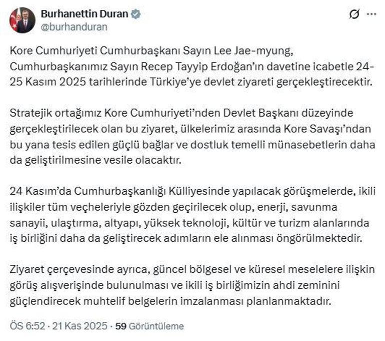 Kore Cumhurbaşkanı Jae-myung, Cumhurbaşkanı Erdoğanın davetiyle Türkiyeye geliyor
