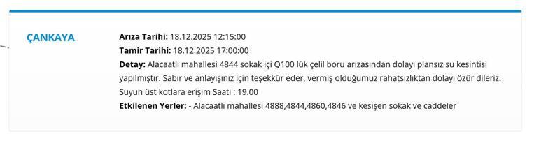18 ARALIK ASKİ ANKARA SU KESİNTİSİ Ankara Su Kesintisi Hangi İlçelerde, Saat Kaçta Olacak Mamak’tan Etimesgut’a Detaylı Liste...