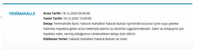 18 ARALIK ASKİ ANKARA SU KESİNTİSİ Ankara Su Kesintisi Hangi İlçelerde, Saat Kaçta Olacak Mamak’tan Etimesgut’a Detaylı Liste...