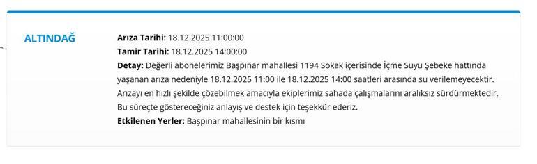 18 ARALIK ASKİ ANKARA SU KESİNTİSİ Ankara Su Kesintisi Hangi İlçelerde, Saat Kaçta Olacak Mamak’tan Etimesgut’a Detaylı Liste...