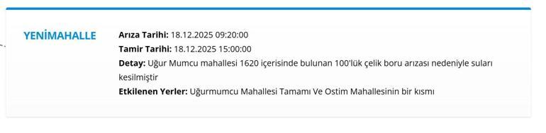 18 ARALIK ASKİ ANKARA SU KESİNTİSİ Ankara Su Kesintisi Hangi İlçelerde, Saat Kaçta Olacak Mamak’tan Etimesgut’a Detaylı Liste...