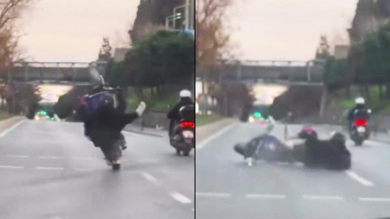 Motosikletlinin ön teker şovu kazaya neden oldu Yola savruldu...