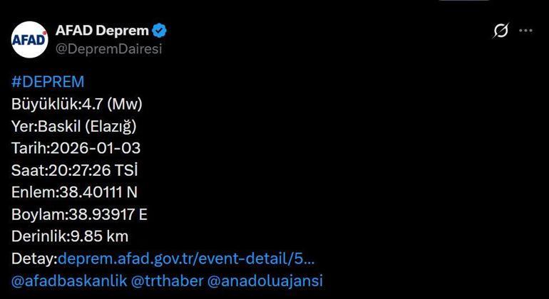 ELAZIĞDA DEPREM SON DAKİKA 3 OCAK 2026 | Elazığda deprem mi oldu, kaç şiddetinde Baskil sallandı Malatya, Adıyaman, Tunceli, Diyarbakırdan da hissedildi
