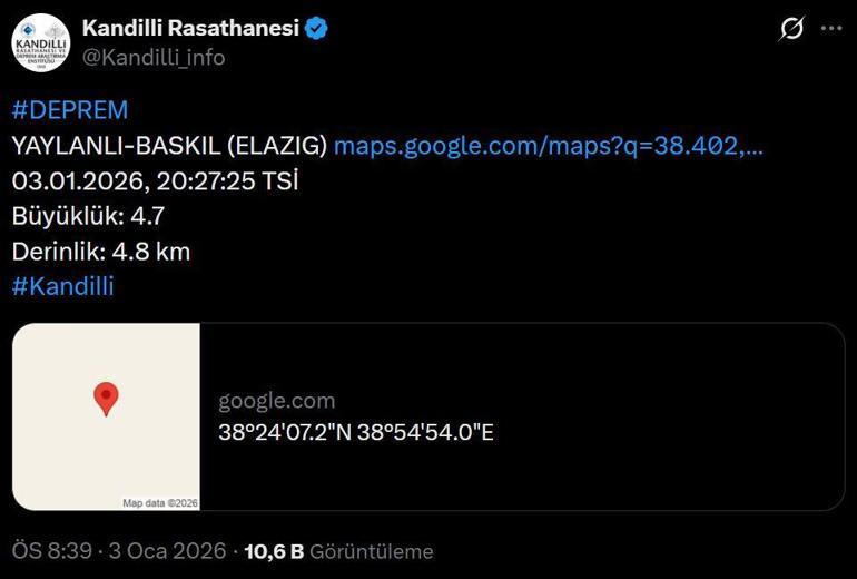 ELAZIĞDA DEPREM SON DAKİKA 3 OCAK 2026 | Elazığda deprem mi oldu, kaç şiddetinde Baskil sallandı Malatya, Adıyaman, Tunceli, Diyarbakırdan da hissedildi