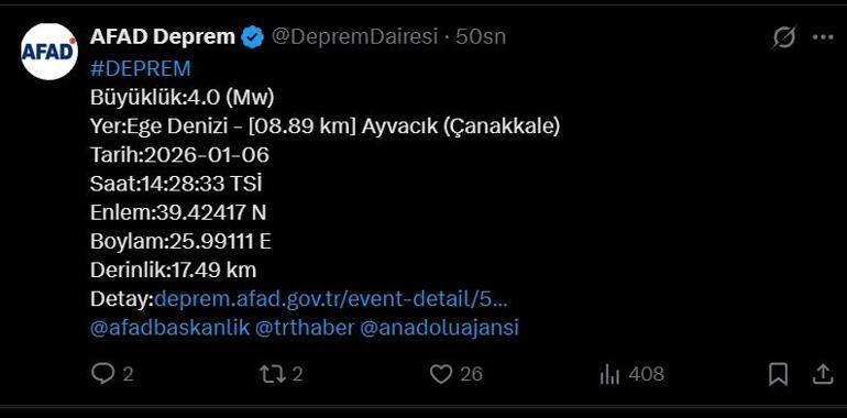 SON DAKİKA... Çanakkale açıklarında 4 büyüklüğünde deprem