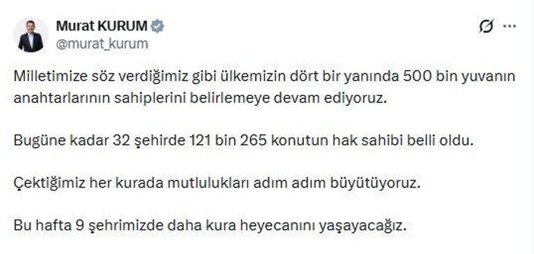  32 şehirde 121 bin 265 konutun hak sahibi belli oldu