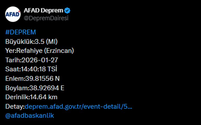 SON DAKİKA... Erzincanda 3.5 büyüklüğünde deprem