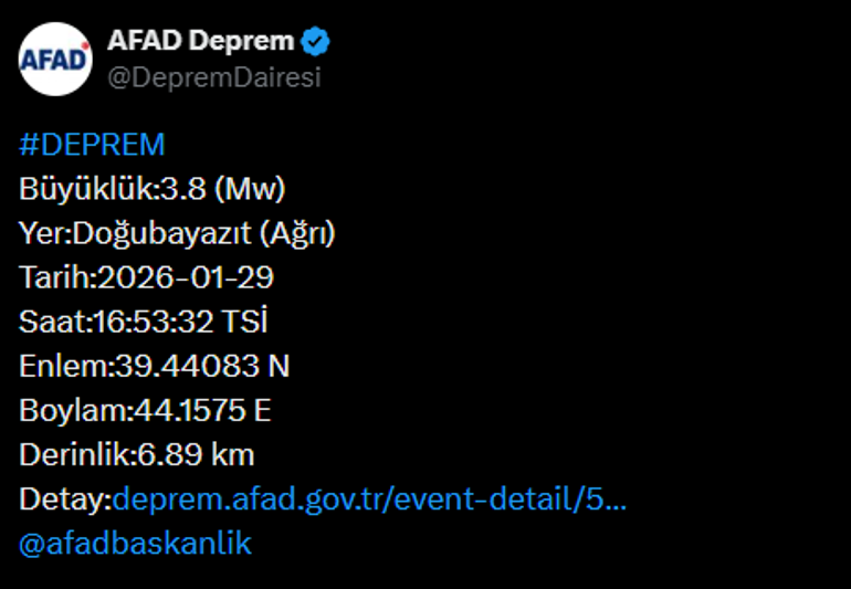 SON DAKİKA... Ağrıda 3.8 büyüklüğünde deprem